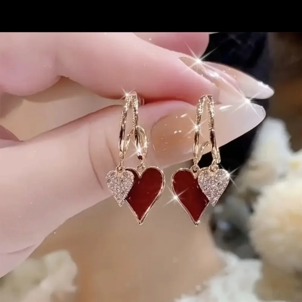 Gold and Red Heart Dangle Earrings NWOT